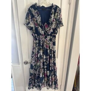 Lane Bryant Womens Dress 18/20 Blue Floral Midi Flutter Sleeve Smocked Waist